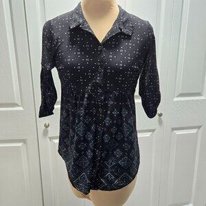 Style & Company Petite Black Button-Down Shirt with Geometric Design XS